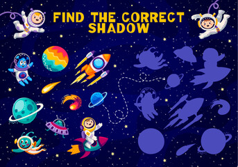 Aufkleber - Find the correct shadow of space characters and planets. Kids vector game worksheet, matching children logic activity, preschool education with cute astronauts, aliens, rockets and cosmic objects