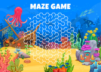 Aufkleber - Labyrinth maze game. Help to octopus find his underwater house. Labyrinth puzzle vector worksheet with ocean bottom animal cute characters, sunken ship, fish shoal, corals and seaweeds, fantasy house