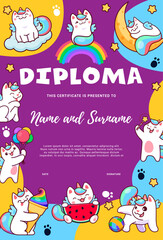 Aufkleber - Kids diploma, cartoon cute caticorn cats and kitten characters, vector education certificate. Caticorn or kitty unicorn on rainbow with ice cream and balloon on school or kindergarten workshop diploma