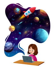 Wall Mural - child girl with laptop dreaming about space planets and galaxy flight. cartoon vector kid character 