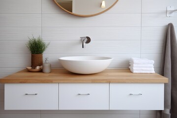 Wall-mounted vanity with white ceramic vessel sink. Interior design of modern scandinavian bathroom