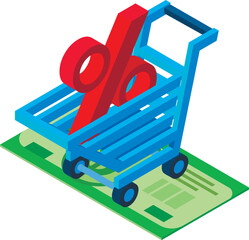 Wall Mural - Consumer credit icon isometric vector. Shopping cart with percent sign on dollar. Finance, money, credit concept