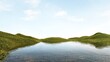 3d render of surreal landscape with  podium in the water and green grass. Podium, display on the background of abstract glass, mirror shapes and objects. Fantasy world, futuristic fantasy image.
