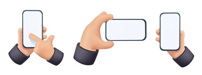Poster - 3D hand holding smartphone, empty screen, phone mockup, application on touch screen device. Vector illustration. 3D smartphone mockup in hands. Responsive app, website