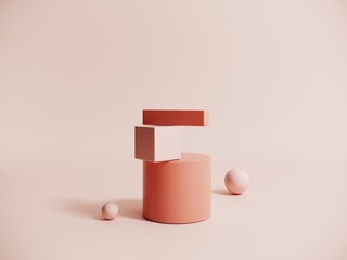 Poster - Pastel beige objects, geometric shapes in an abstract composition - 3d render. Background with podium, display, showcase for advertising and product presentation. Template for graphic design.
