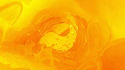 Poster - Super Slow Motion of Orange Juice Wave With Slices. Orange Juice With Slices Surf Wave Rotating Around in Creating Tunnel Shape. Filmed on high speed cinema camera, 1000 fps.