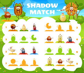 Poster - Cartoon nuts characters on yoga fitness, shadow match game worksheet. Kids vector matching shades riddle with macadamia, pumpkin or sunflower seed, brazil, pistachio, cashew and hazelnut silhouettes