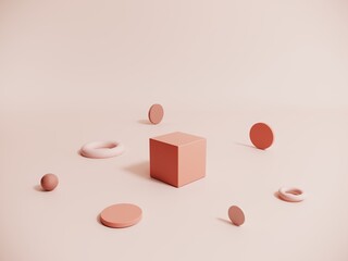 Poster - Pastel beige objects, geometric shapes in an abstract composition - 3d render. Background with podium, display, showcase for advertising and product presentation. Template for graphic design.