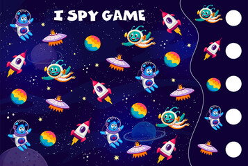 Poster - I spy game worksheet. Cartoon aliens and ufo in outer space. Kids vector math riddle. Count how many saucers, aliens, planets and rockets children test. Educational task for baby mind development