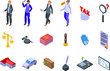 © ylivdesign - Legal adviser icons set isometric vector. Office law. Internet jury