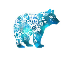 Blue Bear Made Of Flowers. Vector Illustration. T-shirt Printing