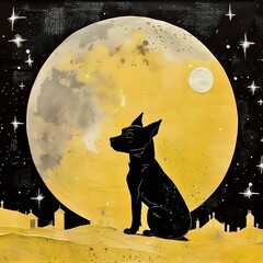 a design that features a jet-black Whimsical Puppy silhouette against a background of moon and stars.