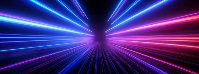 Fototapete - Futuristic digital data transfer background banner wallpaper illustration - Colorful pink blue glowing lines, 3d abstract neon lights texture (Generative Ai)