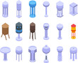 Water tower icons set isometric vector. Industrial tank. Tower plant
