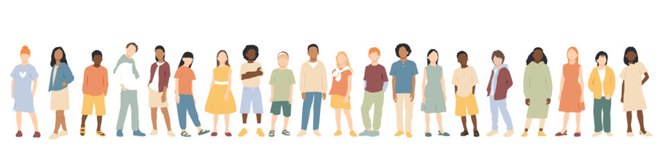 children of different ethnicities stand side by side together. flat vector illustration.