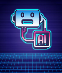 Wall Mural - Retro style Artificial intelligence robot icon isolated futuristic landscape background. Machine learning, cloud computing. 80s fashion party. Vector