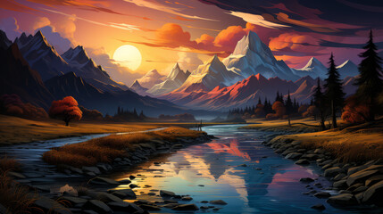 Wall Mural - sunrise over the mountains, mluntains with lake and sunset, generative ai