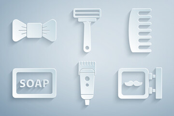 Canvas Print - Set Electrical hair clipper or shaver, Hairbrush, Bar of soap with foam, Barbershop, Shaving razor and Bow tie icon. Vector