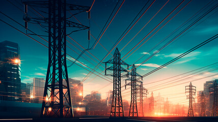 Wall Mural - High power electricity poles in urban area connected to smart grid. Energy supply, distribution of energy, transmitting energy, energy transmission, high voltage supply concept photo. Generative AI