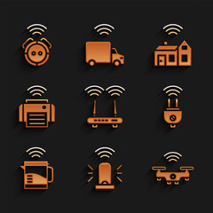 Poster - set router and wi-fi signal, smart flasher siren, drone, electric plug, kettle, printer, home with w