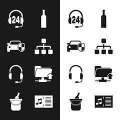 Poster - Set Hierarchy organogram chart, Car protection insurance, Headphone for support, Bottle of wine, Headphones with microphone and FTP folder upload icon. Vector