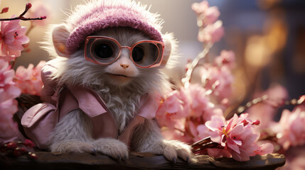 Poster - cute and sweet white monkey with glasses and hat, generative ai