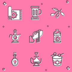 Sticker - Set Traditional carpet, Medieval goblet, Date fruit, Islamic teapot, Hands in praying position, Bottle of water, Lute and Hookah icon. Vector