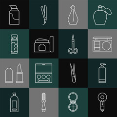 Wall Mural - Set line Hair dryer, Cream cosmetic tube, Eye shadow palette, Perfume, Shaving gel foam, and Scissors icon. Vector