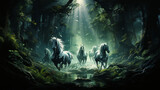 horses in the woods, horses in dark forest, generative ai