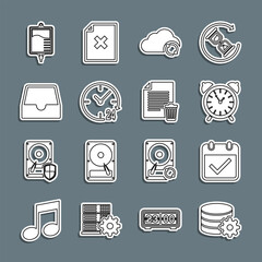 Sticker - Set line Setting database server, Calendar with check mark, Alarm clock, Cloud sync refresh, Clock 24 hours, Social media inbox, IV bag and Delete file document icon. Vector