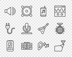 Poster - Set line Music player, Movie spotlight, DJ remote and mixing music, Speaker volume, Microphone, Ear listen sound signal and Disco ball icon. Vector