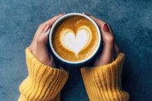 Female Hands Holding A Cup Of Coffee With Foam On Blue Background. Top View Of A Table In A Cafe. Warm Time In Autumn. Hot Coffee With A Heart. (top View), Generative Ai