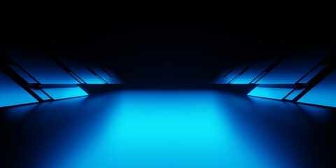 Wall Mural - 3d rendering of blue light corridor hallway spaceship dark background. scene for advertising, showro