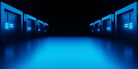 Wall Mural - 3d rendering of blue server room in spaceship corridor hallway background. scene for advertising, sh