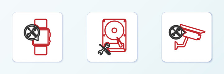 Poster - set line security camera service, smartwatch and hard disk drive icon. vector