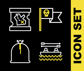 Poster - Set line Pirate flag with skull, Boat oars, sack and treasure map icon. Vector