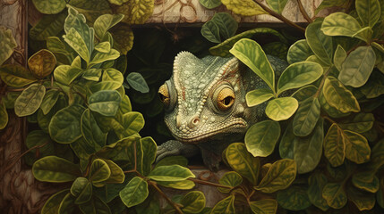 Wall Mural - close up of a chameleon head, chameleon hiding in leaves, generative ai