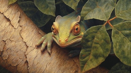 Wall Mural - close up of a chameleon head, chameleon hiding in leaves, generative ai