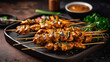 meat on the grill, chicken satay skewers topped with sauce, generative ai