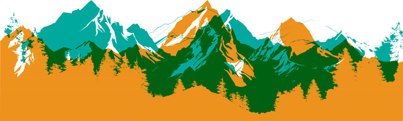 Mountain with forest silhouette border. Vectot colorful design element in overlay style.