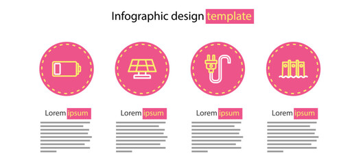 Sticker - Set line Electric plug, Hydroelectric dam, Solar energy panel and Battery icon. Vector