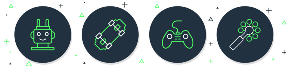 Poster - Set line Skateboard, Gamepad, Robot toy and Rattle baby icon. Vector