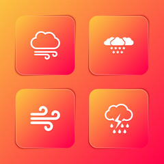 Sticker - Set Windy weather, Cloud with snow, and rain and lightning icon. Vector