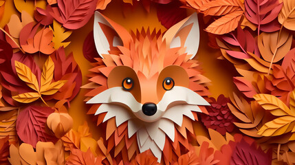 Wall Mural - red fox in the autumn, paper cut art paper in shape of fox, generative ai