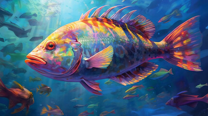 Wall Mural - fish in aquarium, colorful large fish in an ocean, generative ai