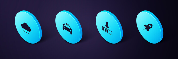 Poster - Set Isometric Rocket ship with fire, Loading, Taxi car and Network cloud connection icon. Vector