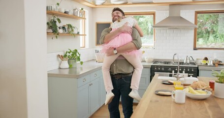 Wall Mural - Single parent, happy and father hug child and bonding in a kitchen together and excited for a meal or food. Tutu, Celebrate and dad with energy enjoy quality time with kid as love, care and happiness