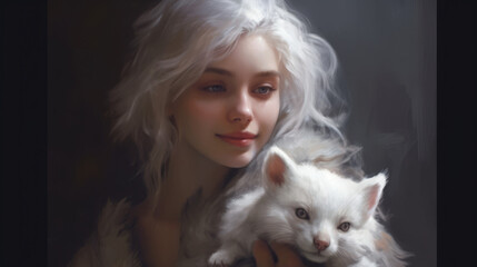 Beautiful girl with white fox, generative ai