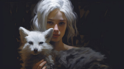 Wall Mural - Beautiful girl with white fox, generative ai