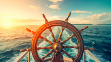 Ship Wheel On Boat With Sea And Sky. Freedom And Adventure. Direction Concept. Generative AI